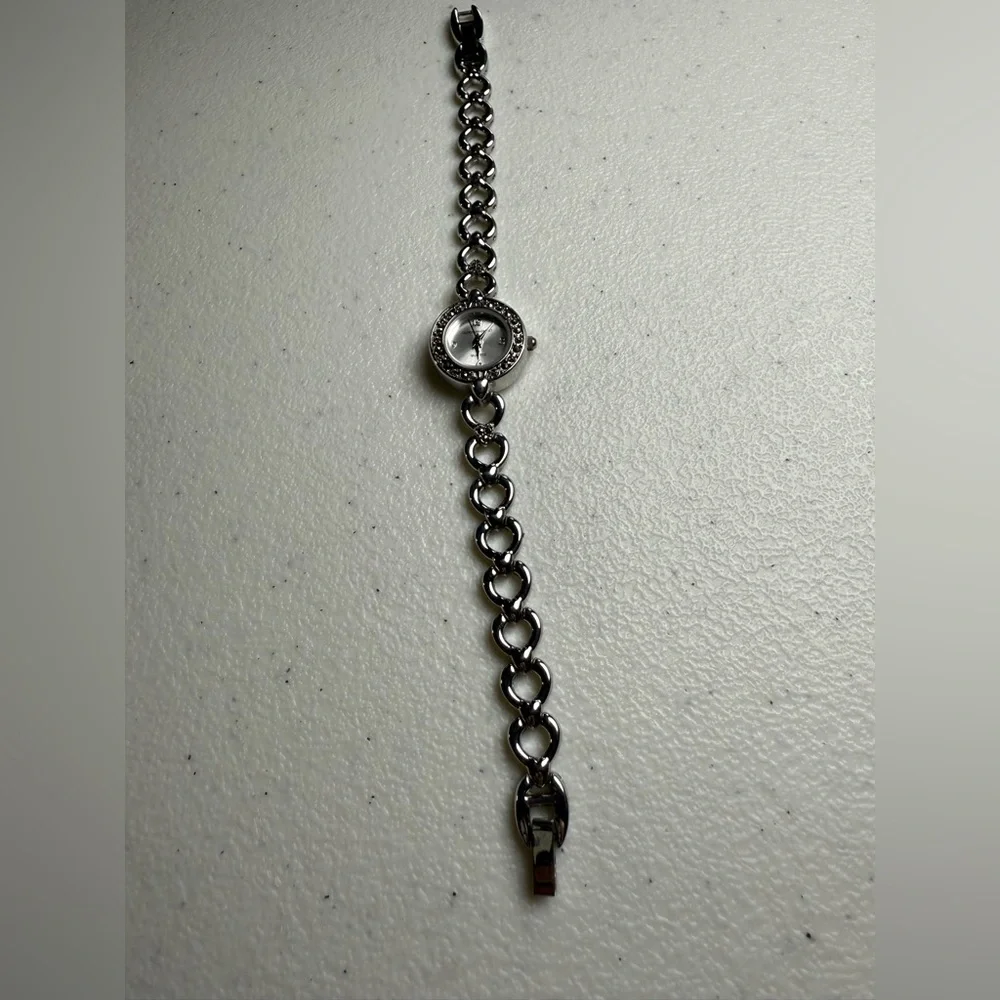 Y2K Shiny Silver Link Watch Versatile Dressy / Casual Marcasite Crystals 6 3/4”